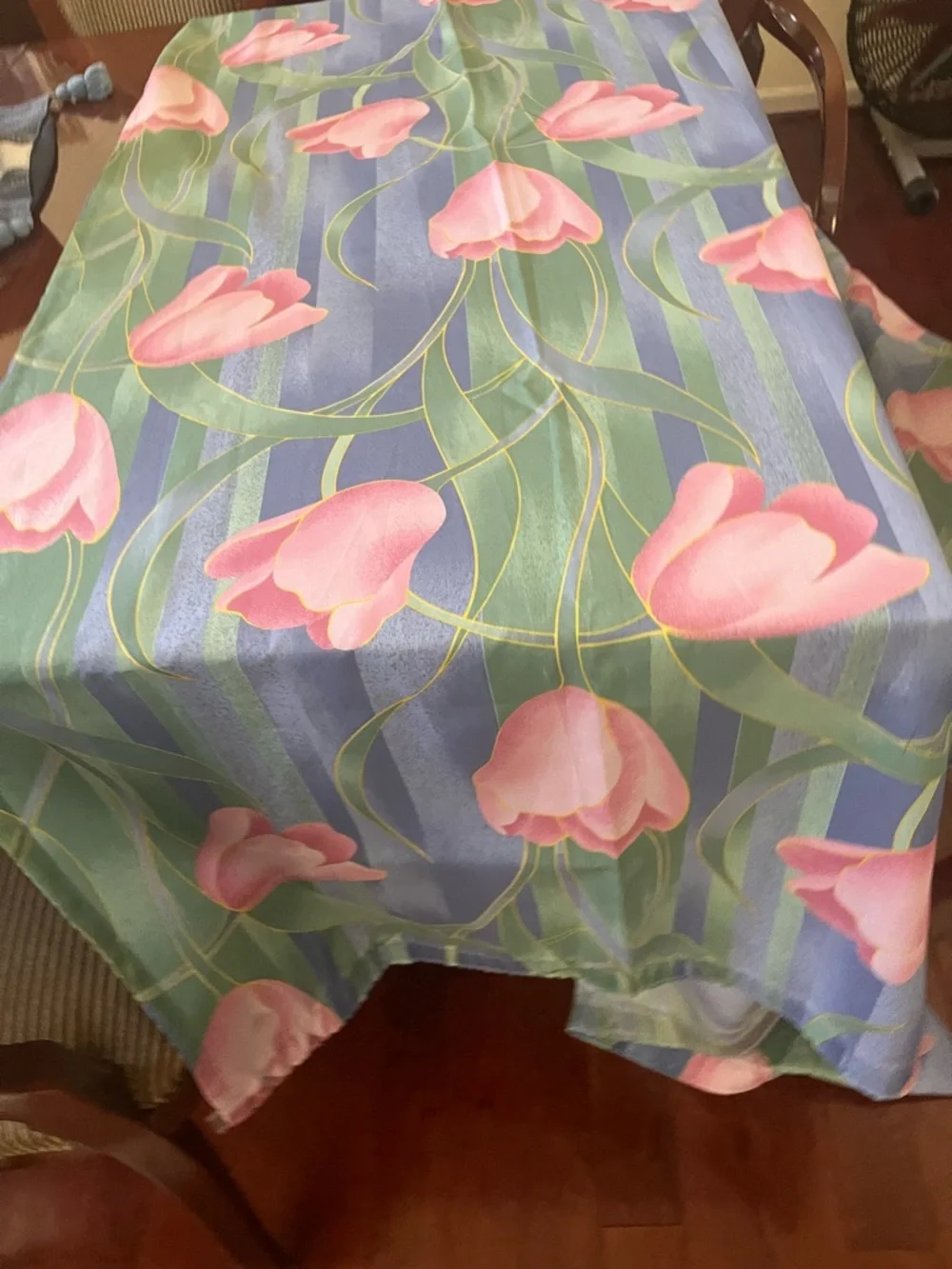 Floral Pink Tulip Shower Curtain Panel - Green & Blue Background